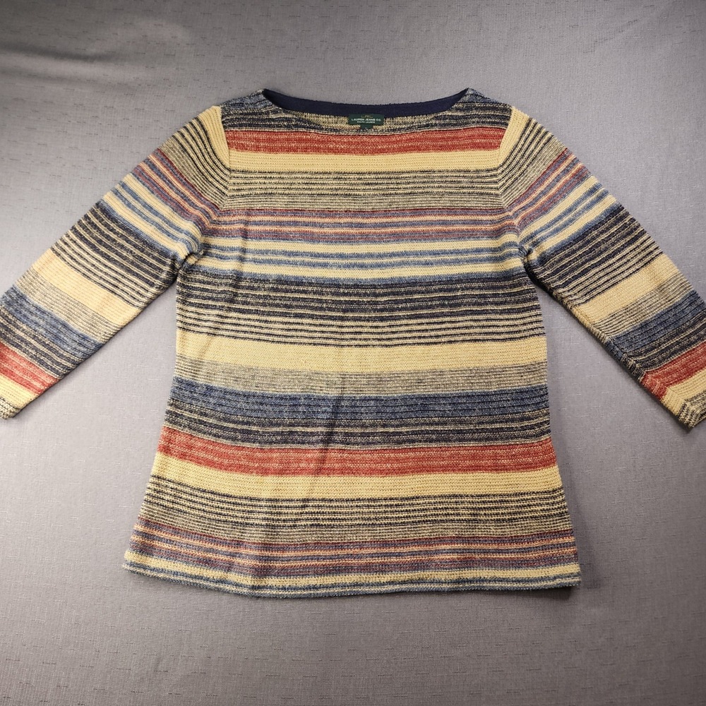 Lauren Ralph Lauren Boho Striped Linen Cotton Knit Sweater XL Multi Color
